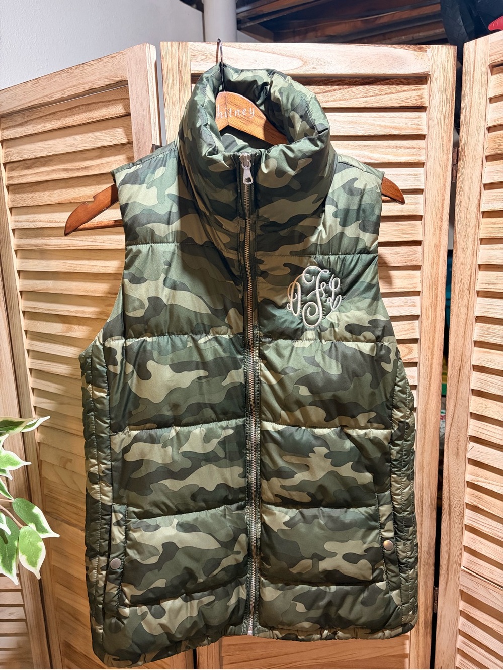 Old Navy Girls' Green Camo Puffer Vest with Monogram